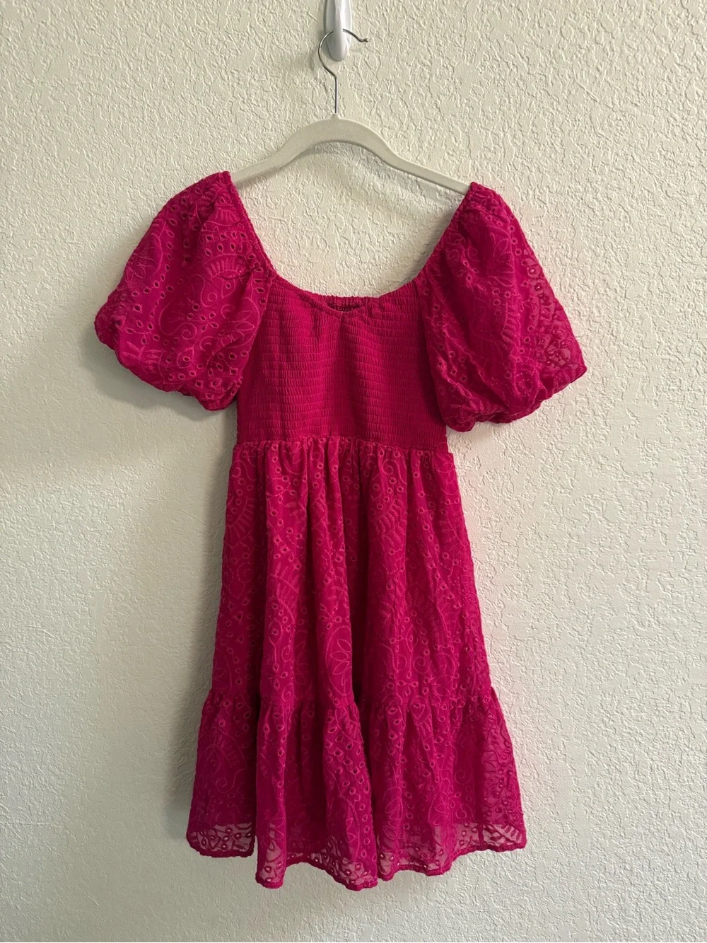 Juniors/Big Girls Bright Fuchsia Puff-Sleeve Eyelet Sundress